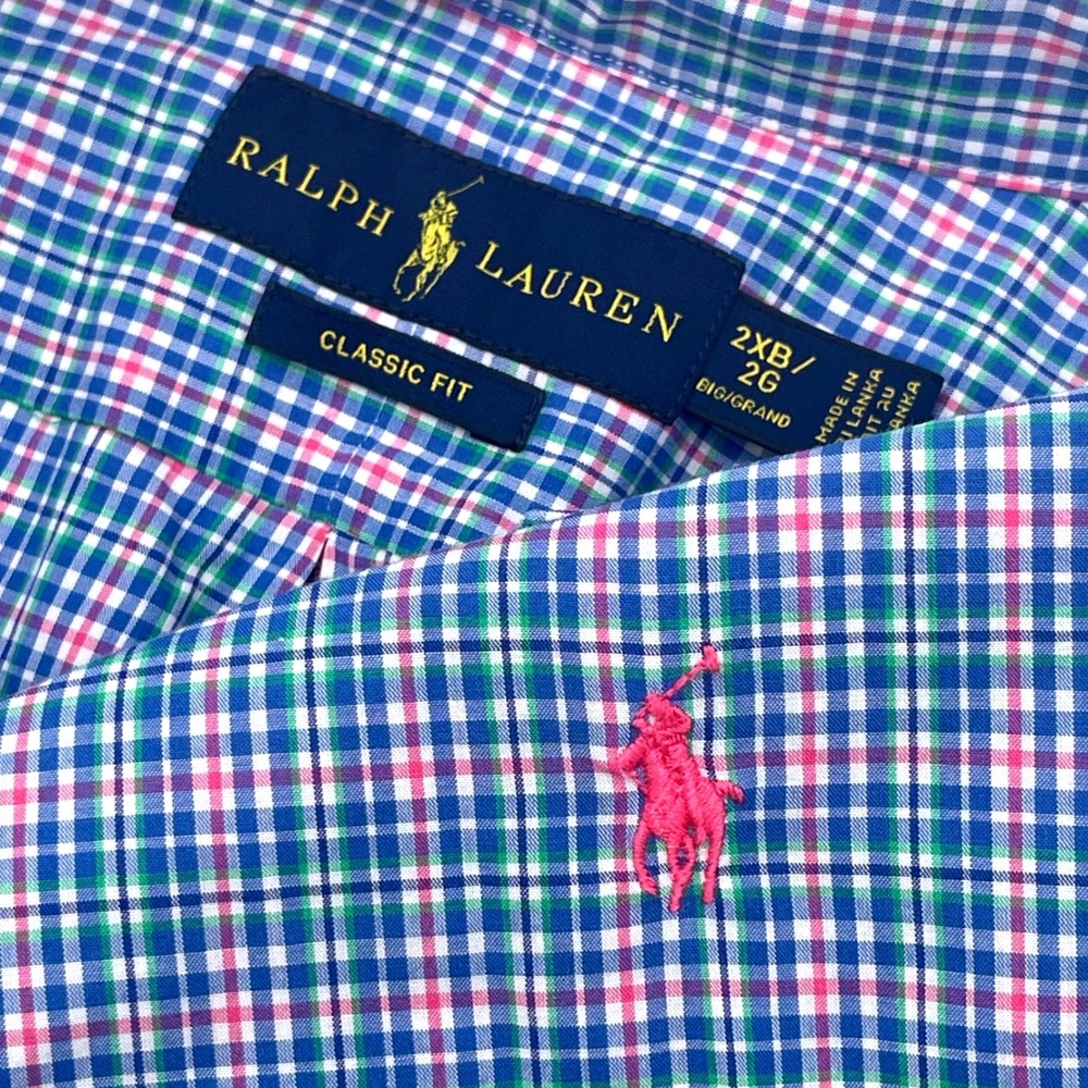 Ralph Lauren Classic Fit Plaid Button Down Shirt Mens 2XB Blue Pink Green Cotton